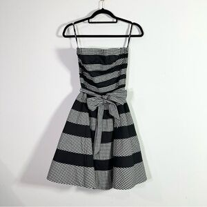 Betsey Johnson Vintage Black White Checkered Striped Full A-Line Strapless Dress